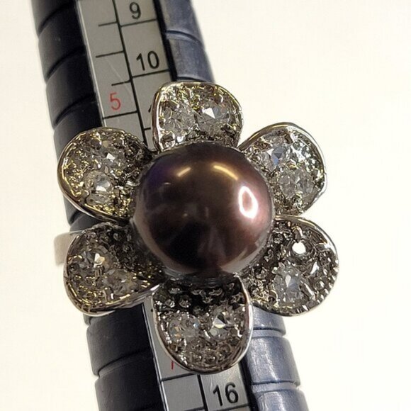Genuine Brown Pearl and Swaroski Flower Ring Size 6 - Picture 12 of 12